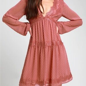 Lulu's Dusty Rose Lace Long Sleeve Dress